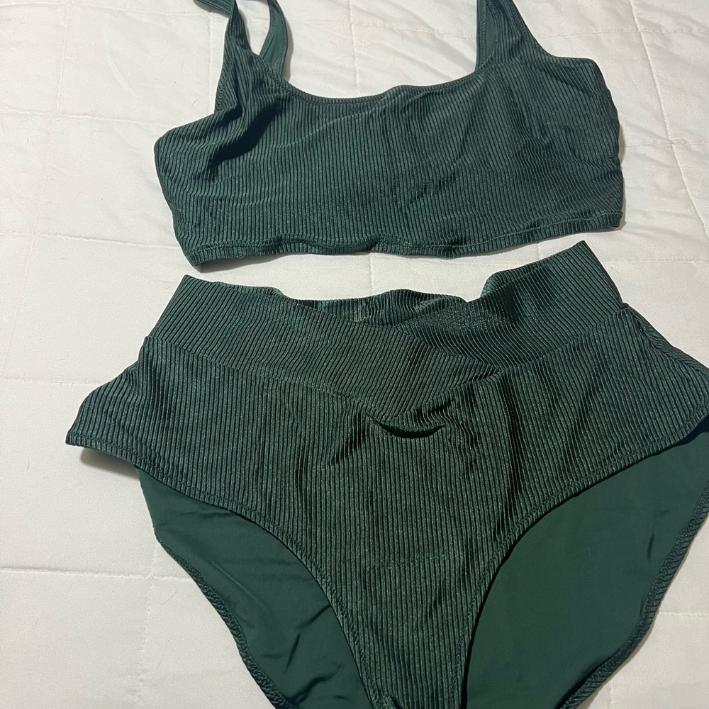aerie Olive Green Ribbed Two-Piece Swim Set